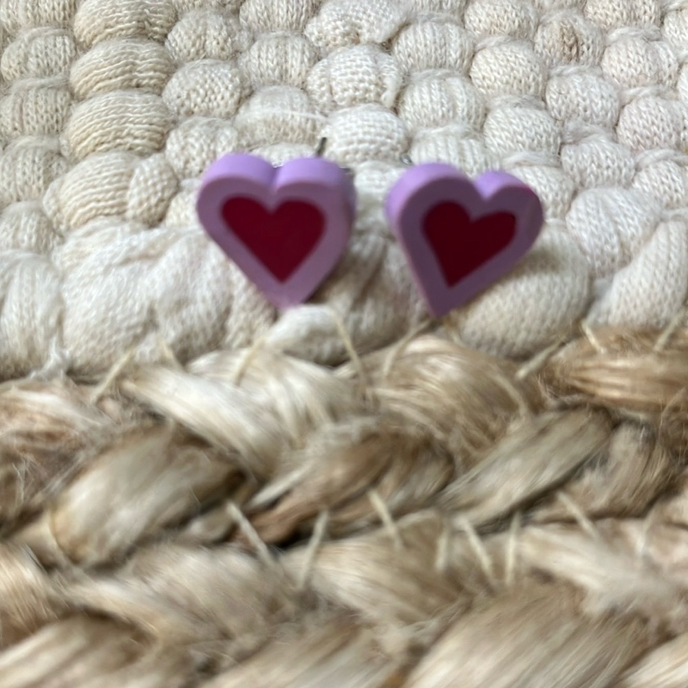 Lavender and red heart earrings. 1/4 inches polymer clay.